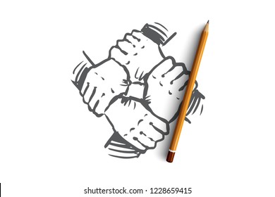 Integration, hand, teamwork, together, group concept. Hand drawn human hands holds together concept sketch. Isolated vector illustration.