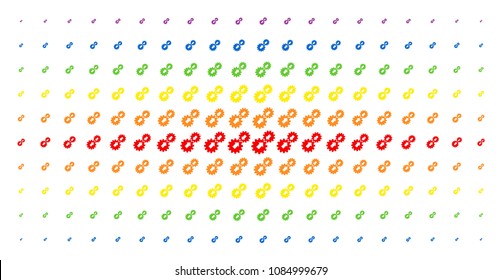 Integration icon rainbow colored halftone pattern. Vector integration items are arranged into halftone array with vertical spectrum gradient. Constructed for backgrounds, covers,