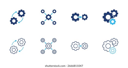 Conjunto de ícones de integração. Contendo engrenagens de processo, conexão do sistema, automação de fluxo de trabalho e ícones de colaboração em trabalho em equipe. coleção de ícones.