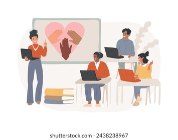 Integration of migrants isolated concept vector illustration. Society accepted migrants, integration courses, study at school, learn foreign languages, reading book, refugee group vector concept.