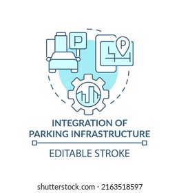 Integración del icono de concepto turquesa de la infraestructura de estacionamiento. Ilustración de línea delgada de idea abstracta del requisito de maas. Dibujo de contorno aislado. Trazo editable. Fuentes Arial, Myriad Pro-Bold utilizadas