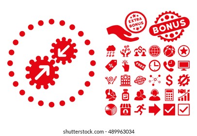 Integration pictograph with bonus pictogram. Vector illustration style is flat iconic symbols, red color, white background.