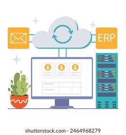 Integration Platform as a Service (IPaaS) concept. Visual showcasing seamless connection between email, cloud services, and enterprise resource planning. Flat vector illustration