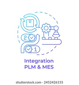 Integration PLM and MES blue gradient concept icon. Product lifecycle management. Industrial control. Round shape line illustration. Abstract idea. Graphic design. Easy to use in infographic, article