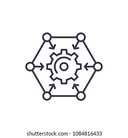 Integration process, technology icon with cogwheel, linear on white