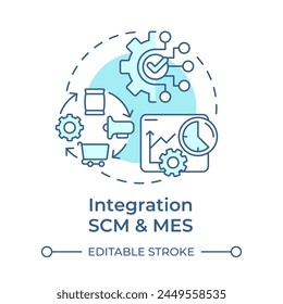 Integration SCM and MES soft blue concept icon. Manufacturing execution systems. Factory automation. Round shape line illustration. Abstract idea. Graphic design. Easy to use in infographic, article