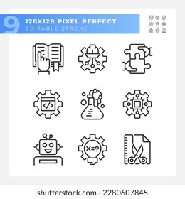Integration of STEM programs pixel perfect linear icons set. Innovative courses for college. Education strategy. Customizable thin line symbols. Isolated vector outline illustrations. Editable stroke