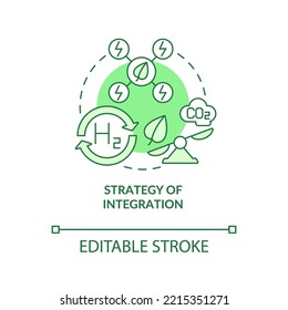 Icono de concepto verde de estrategia de integración. Combustible ecológico. Ilustración de línea delgada del plan de descarbonización abstracta idea. Dibujo de contorno aislado. Trazo editable. Fuentes Roboto-Medium, Myriad Pro-Bold utilizadas