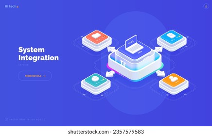 Integration system between different platforms with access to information. Digital technologies. Data transmission and protection. Isometric vector illustration 3d style on blue background 