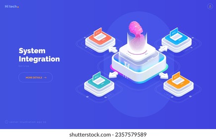 Integration system between different platforms with access to information. Technologies of artificial intelligence. Transfer and protection of data.  Isometric vector illustration 3d style on blue 