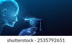 Integration of technology in education with futuristic AI robotic head holding graduation cap on dark blue background. Innovation, digital learning advancements. Polygonal abstract vector illustration