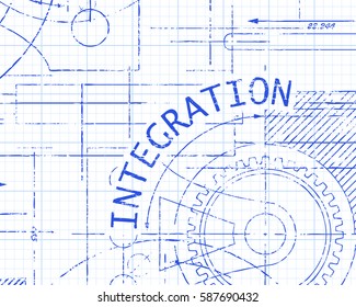 Integration text with gear wheels hand drawn on graph paper technical drawing background