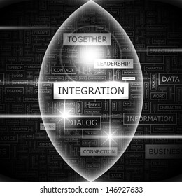 INTEGRACIÓN. Ilustración de nube de Word. Collage del concepto de nube de etiquetas. Ilustración de texto vectorial. 