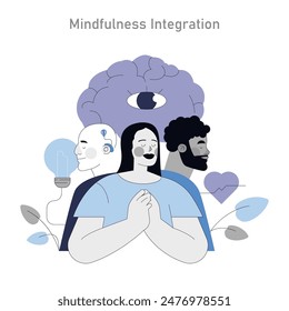 Integrative Psychotherapy concept. A harmonious blend of mental wellness, emotional balance, and cognitive health. Mind, technology, nature connection. Vector illustration.