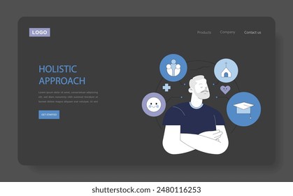 Concepto de Psicoterapia Integrativa. Un hombre rodeado de iconos que simbolizan un enfoque de terapia de enfoque de persona completa. Elementos mentales, sociales, espirituales y educativos. Ilustración vectorial.
