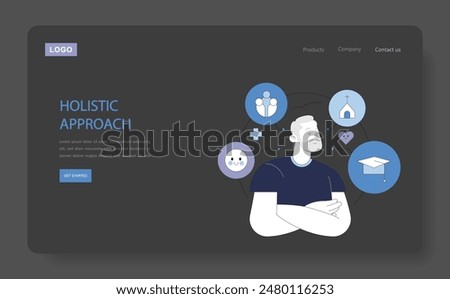 Integrative Psychotherapy concept. A man surrounded by icons symbolizing a whole-person focus therapy approach. Mental, social, spiritual, and educational elements. Vector illustration.