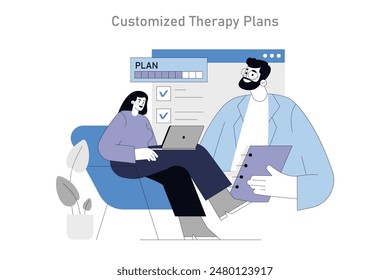 Integrative Psychotherapy concept. Therapist creating a personal treatment plan for a patient. Collaborative mental health care approach. Vector illustration.