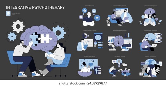 Integrative Psychotherapy set. Comprehensive mental health treatment methods. Collaboration, personalized care, and modern techniques in therapy. Vector illustration.