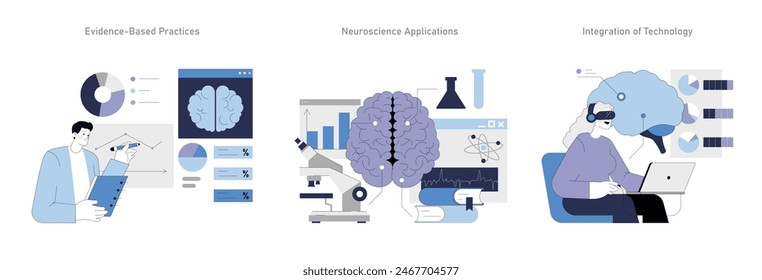 Integrative Psychotherapy set. Exploring mind-brain connection through evidence, neuroscience, and tech. Mental health analysis with digital tools. Vector illustration.