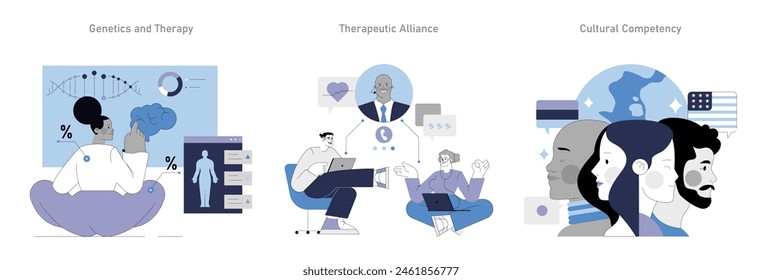 Integrative Psychotherapy set. Genetics influence on mental health, therapist-patient connection, and cultural awareness in therapy. Vector illustration.