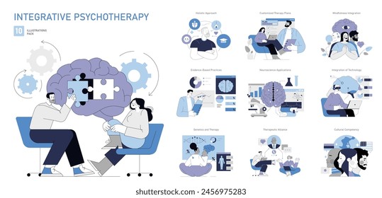 Integrative Psychotherapy set. A holistic approach combining neuroscience and technology in therapy. Visual metaphors for mental health strategies. Vector illustration.