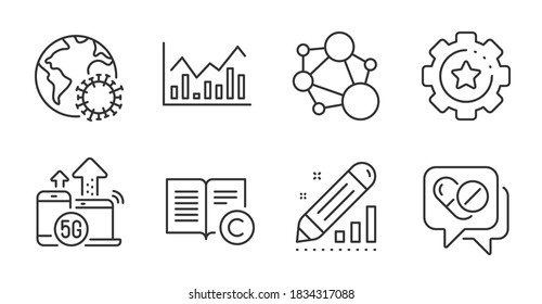 Integrity, 5g internet and Medical drugs line icons set. Infochart, Copyright and Settings gear signs. Edit statistics, Coronavirus symbols. Quality line icons. Integrity badge. Vector