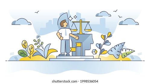 Integrity And Ethical Moral Principles As Core Values Outline Concept. Honesty And Trust As Positive Legal Behavior Vector Illustration. Truth And Uncompromising Adherence To Strong Moral Ethics Scene