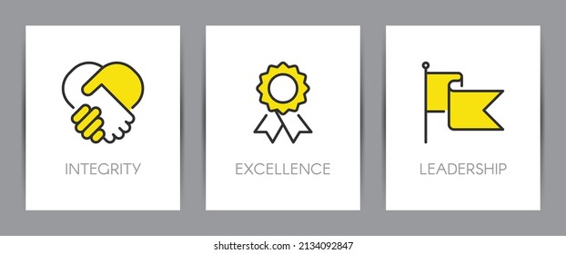 Integrity, excellence and leadership core values. Business concept. Web page template. Metaphors with icons such as handshake, achievement and flag.