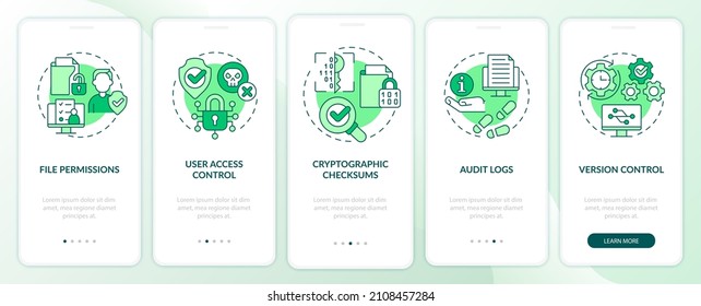Integrity green onboarding mobile app screen. Personal data walkthrough 5 steps graphic instructions pages with linear concepts. UI, UX, GUI template. Myriad Pro-Bold, Regular fonts used