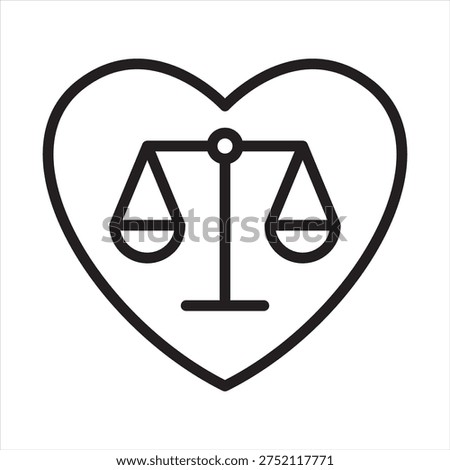 Integrity icon. Heart with scale icon. Outline icon. Symbol of integrity, honesty, ethical balance, justice heart, moral values, fairness, trustworthiness, ethical decision, law ethics, transparent.