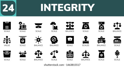 integrity icon set. 24 filled integrity icons.  Collection Of - Scale, Balance, Value, Scales