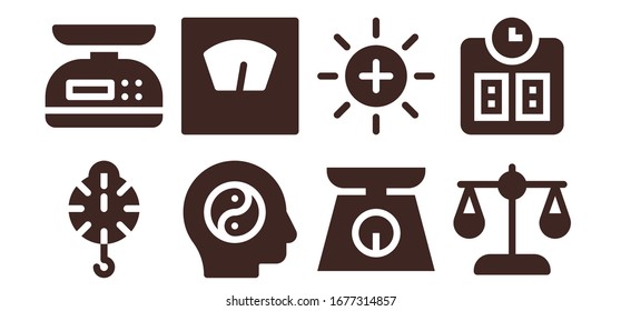 conjunto de iconos de integridad. 8 iconos de integridad rellenados.  Iconos modernos sencillos, como: Escala, balance