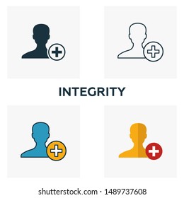 Integrity icon set. Four elements in diferent styles from business ethics icons collection. Creative integrity icons filled, outline, colored and flat symbols.