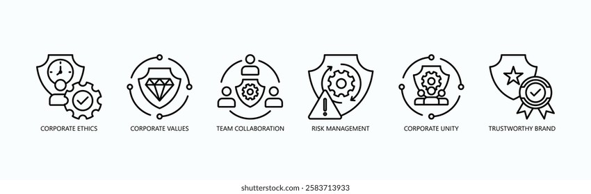 Integrity Icon Set Isolated Vector With Icon Of Corporate Ethics, Corporate Values, Team Collaboration, Risk Management, Corporate Unity, Trustworthy Brand In Outline Style