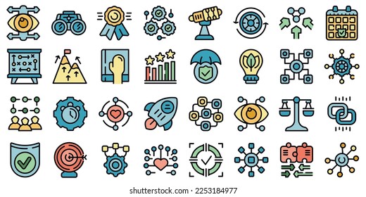 Integrity icons set outline vector. Passion honesty. Business trust color line flat isolated on white