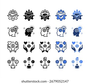 Integridad, Inspiración, bienestar, gestión del tiempo, conjunto de iconos de estilo múltiple.