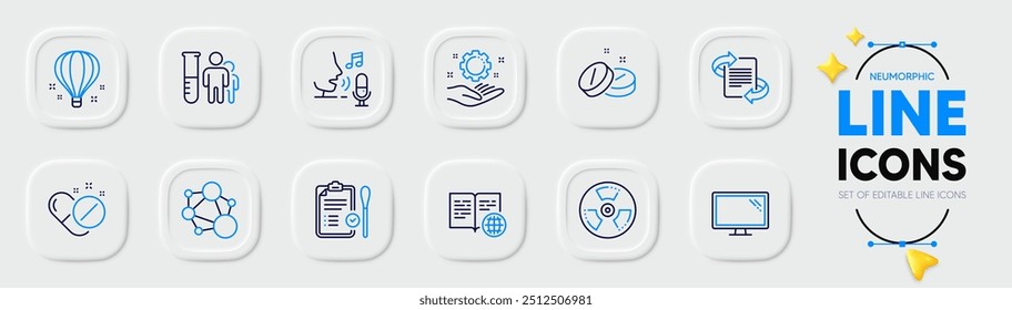 Integridade, teste nasal e ícones de linha de marketing para aplicativo Web. Pacote de perigo químico, balão de ar, ícones de pictograma de microfone. Pílulas médicas, livros na internet, placas de comprimidos. Vetor