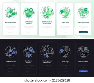 Integrity night and day mode onboarding mobile app screen. Sensitive data walkthrough 5 steps graphic instructions pages with linear concepts. UI, UX, GUI template. Myriad Pro-Bold, Regular fonts used