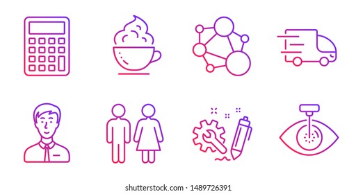 Integrity, Restroom and Engineering line icons set. Businessman person, Truck delivery and Calculator signs. Coffee cup, Eye laser symbols. Social network, Wc toilet. Business set. Vector