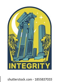 integrity slogan print design with ancient greek architecture elements and lions illustration under the moon