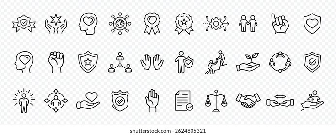 Integrity and Social Responsibility Icon Set Featuring Trust, Honesty, Handshake, Equality, Teamwork, Heart, Human Values, Helping Hand, Shield, Balance Scale, Collaboration, Leadership 