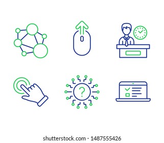 Integrity, Swipe up and Presentation time line icons set. Touchscreen gesture, Question mark and Web lectures signs. Social network, Scrolling page, Report. Click hand. Technology set. Vector