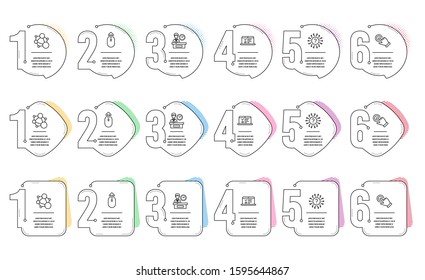 Integrity, Swipe up and Presentation time line icons set. Infographic timeline. Touchscreen gesture, Question mark and Web lectures signs. Social network, Scrolling page, Report. Click hand. Vector