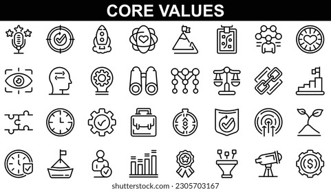 Integrity, Target purpose and Strategy. Core values line icons. Trust handshake, social responsibility, commitment goal icons. Growth chart, innovation, core values network. Vector