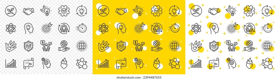 Integrity, Target purpose and Strategy. Core values line icons. Trust handshake, social responsibility, commitment goal icons. Growth chart, innovation, core values network. Vector