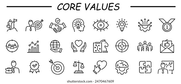 Integrity, Target purpose and Strategy. Core values line icons. Trust handshake, social responsibility, commitment goal icons. Growth chart, innovation, core values network. Vector