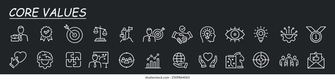 Integridade, objetivo e estratégia. Ícones de linha de valores principais. Aperto de mão de confiança, responsabilidade social, ícones de metas de compromisso. Gráfico de crescimento, inovação, rede de valores centrais. Vetor