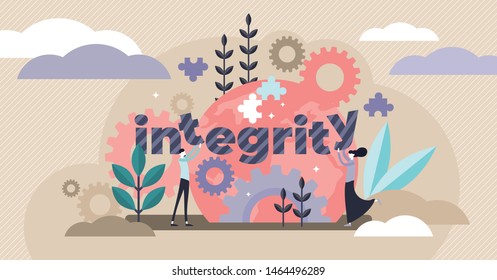 Integrity vector illustration. Flat tiny honest persons character concept. Together partnership holds word text. Ethical behavior and values definition visualization. Modern business moral strategy.