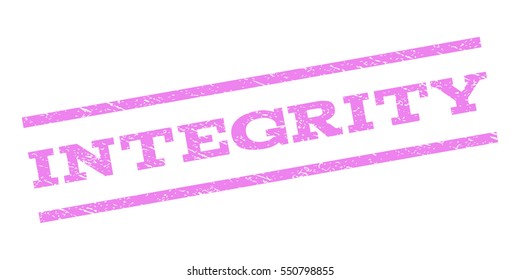 Integrity watermark stamp. Text tag between parallel lines with grunge design style. Rubber seal stamp with dust texture. Vector violet color ink imprint on a white background.