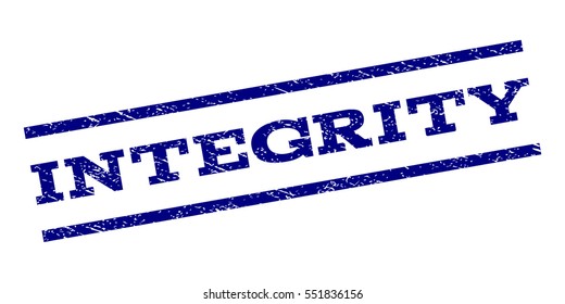 Integrity watermark stamp. Text tag between parallel lines with grunge design style. Rubber seal stamp with scratched texture. Vector navy blue color ink imprint on a white background.